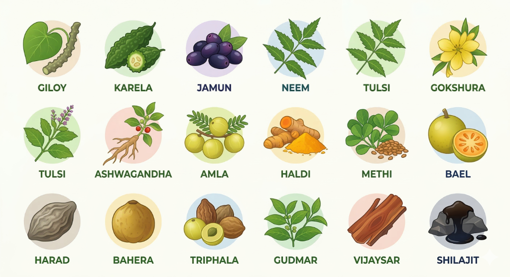 Ayurvedic herbs including Gudmar, Jamun, Karela, and Ashwagandha used in Sugar-Care Sanjivany