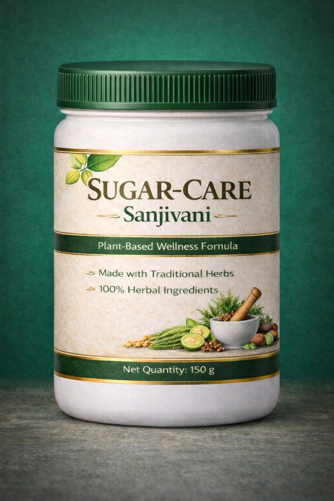 Sugar-Care Sanjivany product bottle showing Ayurvedic herbal supplement